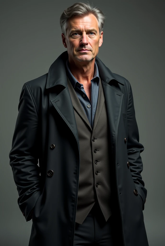 He is a man, a professor.  a middle-aged man , with some wrinkles,  but retaining his masculine charm and mature beauty .  He wears a long dark gray jacket ,  underneath he wears an open tunic suit with a vest and pants, all in gray . Her skin is fair,  gr...