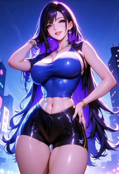 masterpiece, best quality, 1girl, solo, yach1ru, black hair, very long hair, dark blue eyes, large breasts, scar on chest, blue tank top, black shorts, dolphin shorts, looking at viewer, half-closed eyes, smile, mature female, hand on hip, night sky, city
