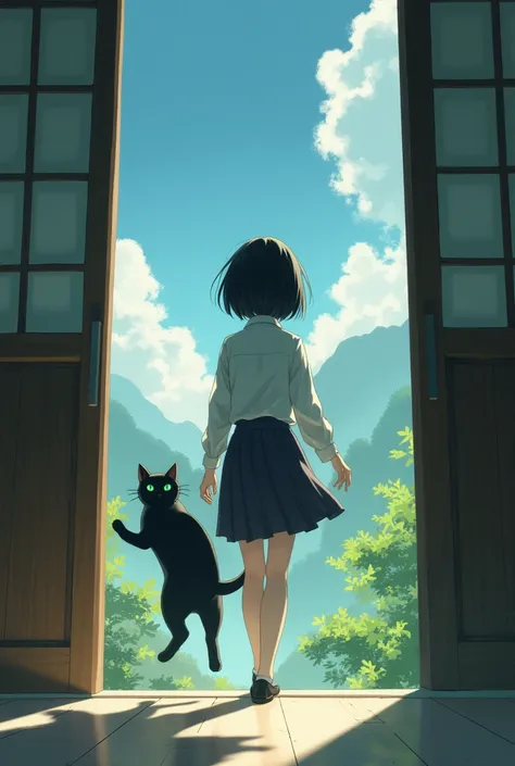 Short black haired girl in Japanese uniform, with a black cat with green eyes , falling, Towards the front, falling desde arriba, From an open door into thin air, At the door there is a paradise for cats