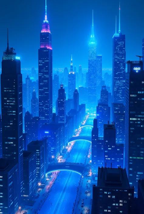 Beautiful city landscape illuminated at night blue lights 