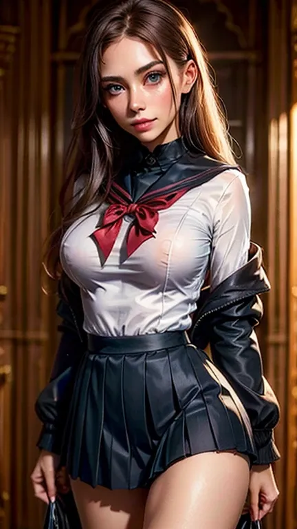 (2girls), Brown hair, Amazing face and eyes, Pink eyes, (hi-school uniform with wide open breasts:1.2), beautiful big breasts, bare breasts, (amazingly beautiful girl), Brown hair, (High School Uniform, Pleated mini-skirt:1.5), ((Best Quality)), (Ultra-det...