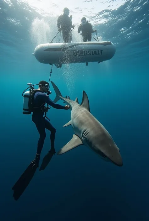 A team of marine rescuers arrives with a floating stretcher. Carefully, they swim alongside the shark, trying to calm it down. One diver gently places a guiding rope around the shark, while another prepares a special rescue net. The shark resists at first ...