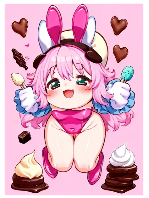 Young girl， chibi, chubby  ， obesity，Bunny ears， leotard，   full body shot   ，silk hat， ice cream， Chocolate Chips，smile，Full of happiness，sex💕,hard core💕