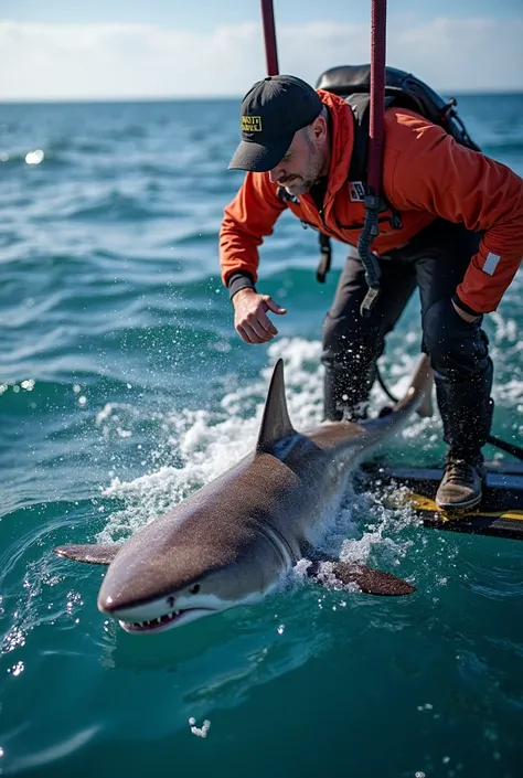 
"The injured shark is carefully lifted onto a floating platform and transported to a marine sanctuary. Water sprays over its body to keep it hydrated. The rescue boat moves smoothly through the waves as the team monitors the shark’s breathing and movement...