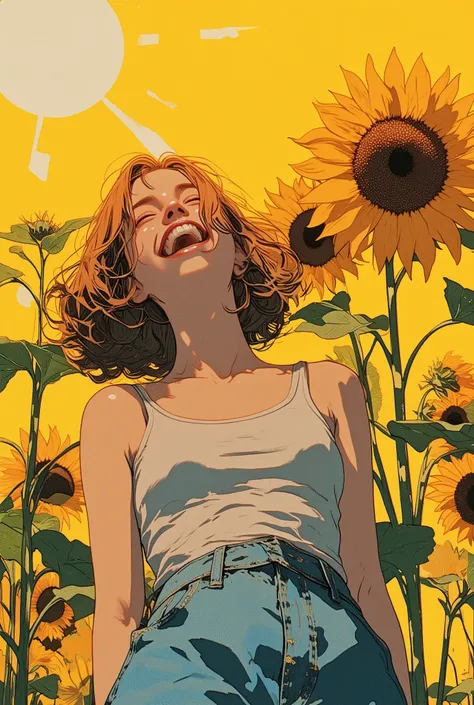   Woman Laughing Madly ,Backlit Sunlight  ,sunflower,  Pop Art painting  , Pop Art , ( Collage ), added  details,  Close-up shot, a contemporary artistic Collage, graphic  details, cut out Collage,  details,   Profile Artwork , digital Collage,teeth, jeans...