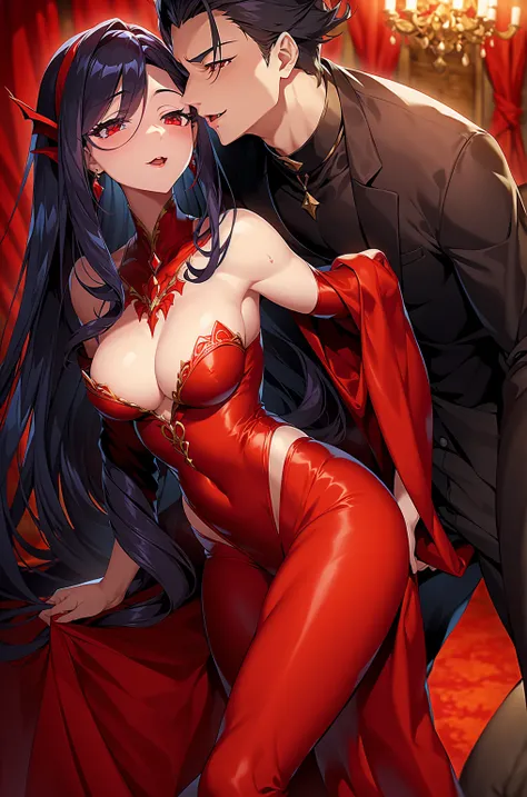  vampire girl ,  elegant dress ,  red dress,   small breasts ,,  perfect face,  hips , small waist, kissing a man , man with a boner, 