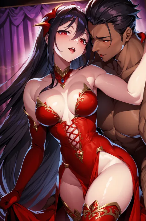  vampire girl ,  elegant dress ,  red dress,   small breasts ,,  perfect face,  hips , small waist, kissing a man , man holding her 