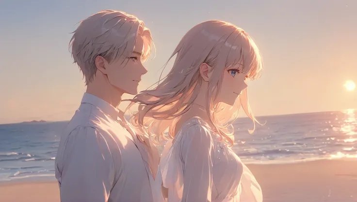   anime art wallpaper 8k ,  Accurate Description 、1 boy and 1 woman in the anime ,  side view 、profile、The two stand side by side on a clear beach and look at the ocean in the distance、both are smiling、masterpiece,   soft anime illustration 