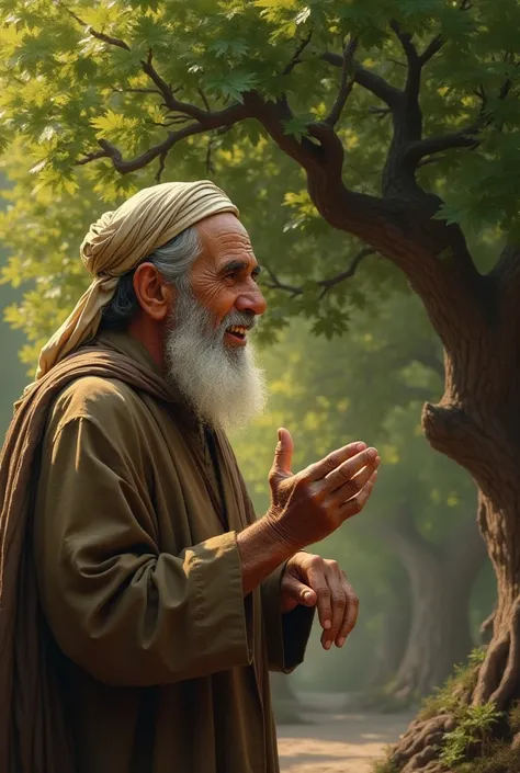 The old man smiles and says, "Islam is like a tree—faith is its root, prayer its trunk, kindness its branches, and good deeds its fruit."  