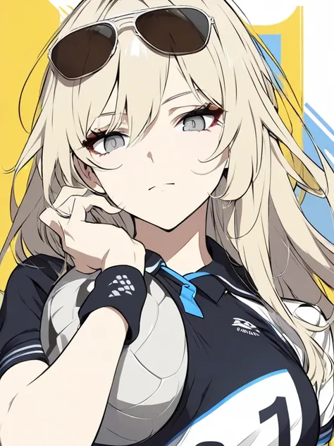 Best Quality:1.3, Masterpiece:1.3, Anime Style, Hand up,  (Closed mouth Expression)

Durandal From Honkai, 1 girl, Blond long hair, Gray Eyes, A Sunglasses laying on top head, Wearing Volleyball Uniform, Holding a Soccer ball, Flat coloring