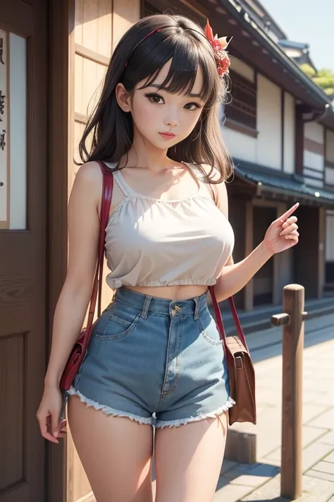 masterpiece, amazing quality, best quality, high resolution, 4K, 8K, UHD, 
Ukiyoe art styles, by rella, by Yoneyama Mai, by Kanbun Master
1girl,  Paperbag waist shorts, fitted top, and wedges., stylish, Sightseeing in Japan,
