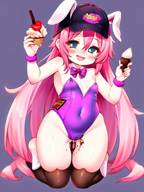 Young girl， chibi, chubby  ， obesity，Bunny ears， leotard， full body shot   ，silk hat， ice cream， Chocolate Chips，smile，Full of happiness，sex💕,hard core💕 ecstasy💕👠