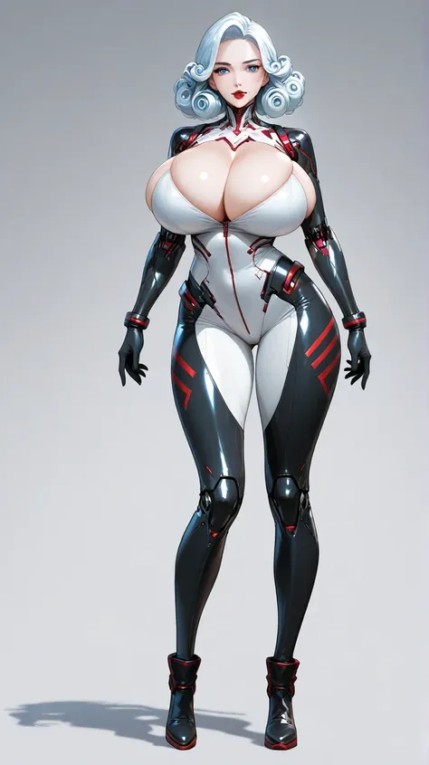 Character woman cyborg curly hair color black ,  blue eyes red lips with white clothes red latex details, in a cyberpunk world ( gigantic breasts)  full body