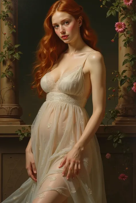  A painting drawn in the style of Raphael,  a beautiful Caucasian woman with big breasts dressed in a transparent dress.