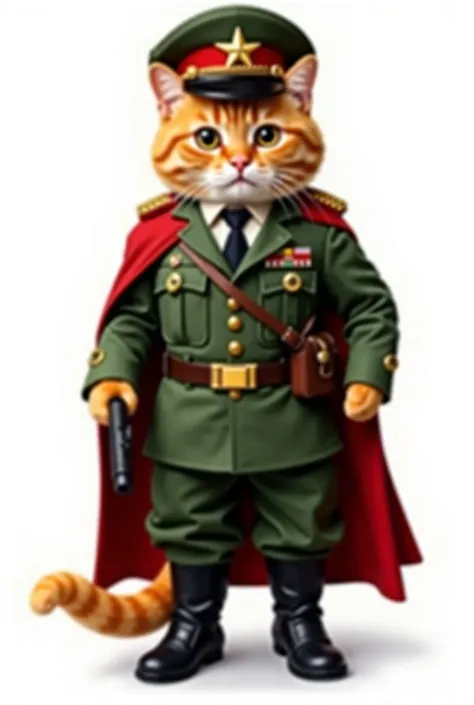 The image background white of the cute goden orange cat is someone wearing an green military-style jacket with gold buttons, a dark white military shirt, a black tie, a red, army green hat with a yellow , a black leather belt, a gold 5-pointed star belt, a...