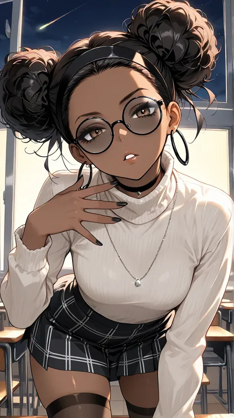 1Girl, Mature, Ebony, African American, Dark Skin, Jet Black Hair, Afro, Double Bun, Shiny Hair, Bright Brown Eyes, Black Nails, Dark Brown Eye Shadow, Medium Chest, White Turtleneck Shirt, Black Circular Glasses , Black Plaid Skirt, Black High-Thigh Socks...