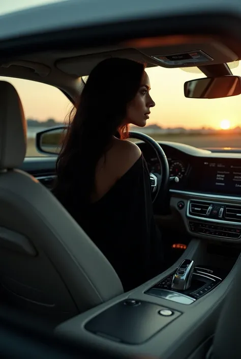 A woman with long black hair in a black dress stuck in a luxury car without showing her face in the evening weather realistic image 