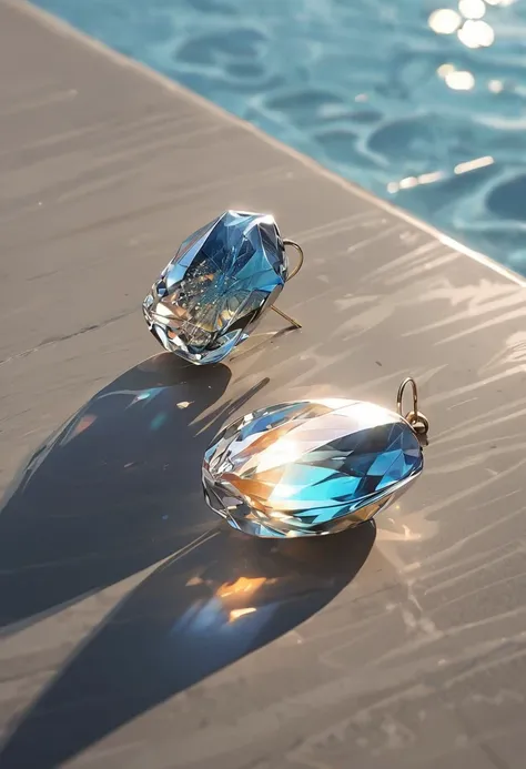 (masterpiece,best quality:1.2),no humans,lost property,poolside glow of one piece of blue stylish elegant earring:1.1,the (thin) diamond shaped earring made of crystal,details of the earring,it is on pool side ground,sun light,focus on the earring,glass te...