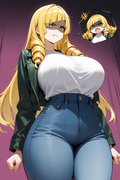 Big breasts, 1 girl, thick thight, angry, drill hair, blonde, jacket, green eyes, tall, diagonal bangs, long straight hair, fang, small head, big girl, small pupils, white shirt, jeans, small pupil, shaded face