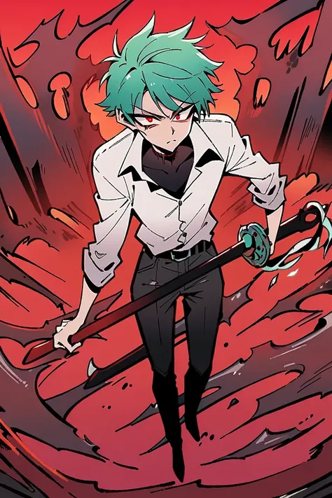 Male Teenager ,solo, white button down shirt, black undershirt, black jean pants, black shoes, teal hair, scar neck , red eyes, sninster look, masterpiece, best quality, hell, red sky, holding sword