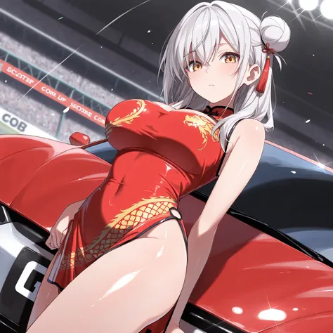 masterpiece, (((( best quality )))),1 girl,( Japanese anime),,shiny skin, red china dress knocked out, Race Queen, silver hair,Half twin hair ,big breasts, Height