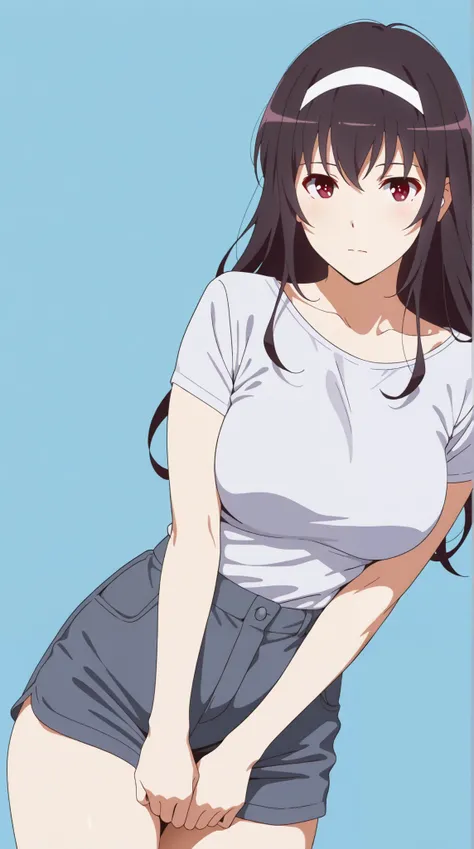 masterpiece, extremely detailed,4k,solo,1girl,adult ,((fullbody)),kasumigaoka utaha,slim body, sexy legs,perfect body,large breasts,housewife,grey short pants, oversize white tshirt, soft light, high detailed, best quality, upper body,, blue plain backgrou...