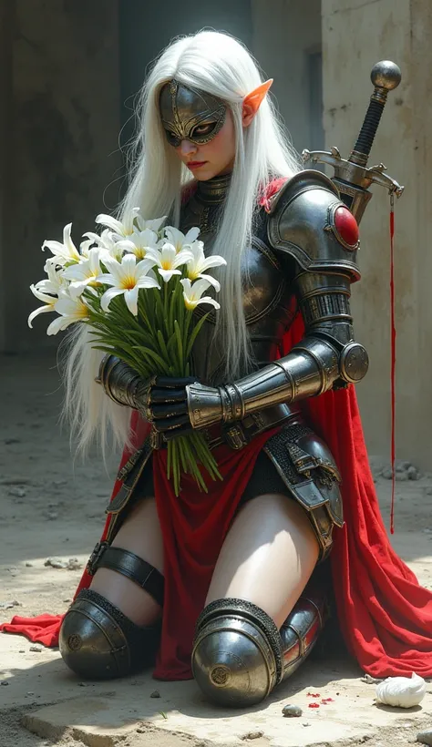 masterpiece, best quality, high resolution, highly detailed, weapon, full armor, kneeling, mustache six-pack, 1 girl, scattered white flowers, gloves, helmet, plugged sword, long hair, dagger, knight, holding white lilies \(flowers\) smeared with red liqui...