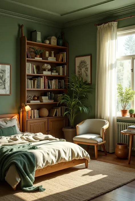 Small Green bedroom have a little library 