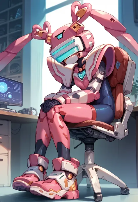  Masterpiece, Hi-Res, top quality,8k
(twintails,mechanical girl,mechanical body,mechanical goggle,White mask,pink body color,no mouth,flat chests)

(sitting,chair,hands between legs)


