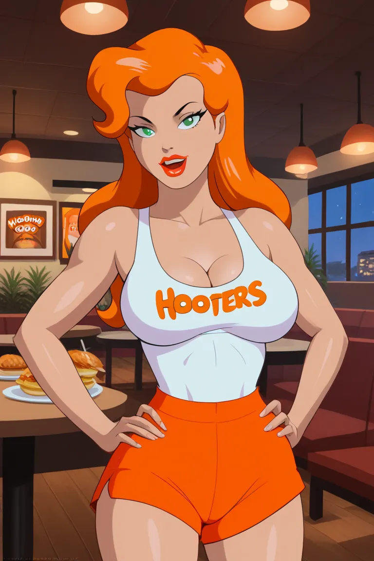 PonyXLV6_Scores BREAK (1980s (style), retro artstyle, perfect anatomy, perfect eyes, cowboy shot), BREAK pamela isley, long hair, orange hair, green eyes, lipstick, red lips, flirting, ((looking at viewer)), bare shoulders, cleavage, hooters uniform, hoote...