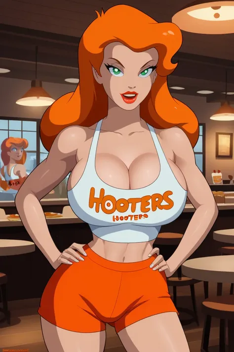 PonyXLV6_Scores BREAK (1980s (style), retro artstyle, perfect anatomy, perfect eyes, cowboy shot), BREAK pamela isley, long hair, orange hair, green eyes, lipstick, red lips, flirting, ((looking at viewer)), bare shoulders, cleavage, hooters uniform, hoote...