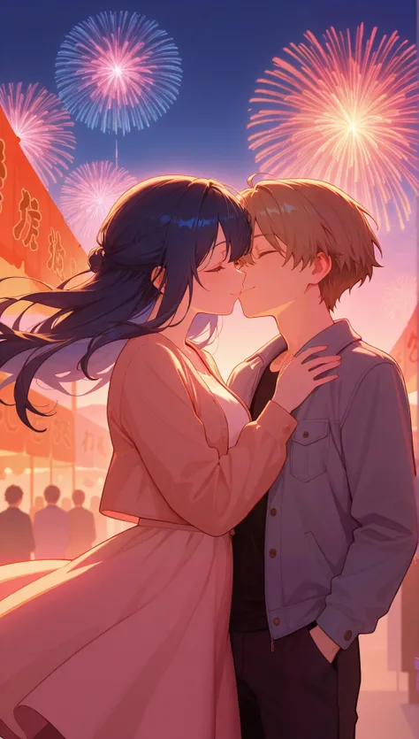 masterpiece, anime, kawaii, romantic, best quality, 2others, couple, mature, Adult, height difference, different fashion, different colors, casual clothes, Stylish Jacket, smile, happy, love, spinning wind, blue sky, Man with long hair, Man with light brow...