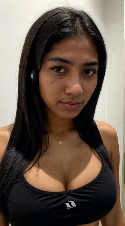  A 23-year-old black-haired woman, (( medium breasts)), (( hyperrealism)) ,.  Brazilian, From Manaus Am , Selfie, iPhone,  Vasco team jersey ,  black eyes,Alone,  high resolution, Rice, toys,  Wired headset,  Fundo Centro de Manaus 