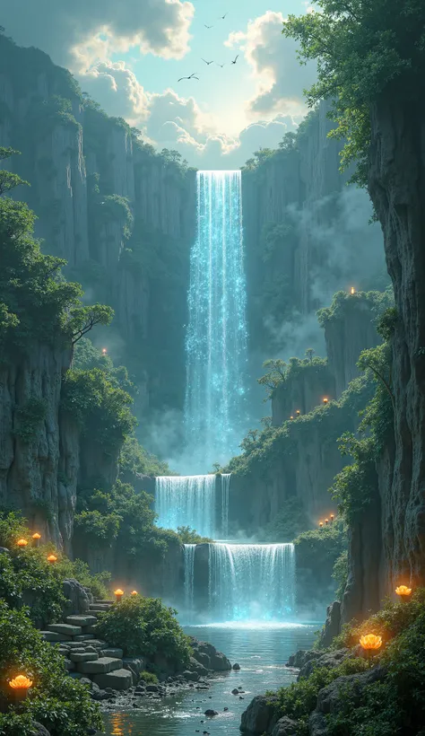 A floating garden suspended in the sky, where waterfalls flow upward into the clouds. Giant luminous flowers bloom in midair, defying gravity, while birds made of pure light weave through ancient ruins covered in glowing runes. A hidden staircase made of m...