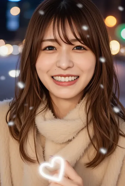   Gentle wavy hair for short to medium hair、Heart's Lens Flare 、  shows her teeth and laughs、     the wind is blowing         、  SNOWS 、Fluttering Hair、        light brown hair、 Fluffy scarf、 Watery eyes 、Strong winds、     Background Blur、 illumination、   ...