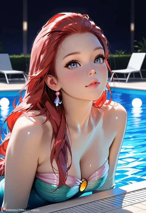 Masterpiece, (highest quality, create a high resolution,4K, 8k),(realistic, photorealistic: 1.5),(((Poolside Glow))),((The Little Mermaid)),,BREAK 夜、 pool,((奇麗なThe Little Mermaidが poolサイドに腰かける)), poolサイドが光る、Fish are jumping up and down ,Illumination,Seven ...