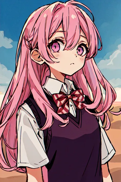 1girl, solo, pink hair, looking at viewer, bow, long hair, shirt, red bow, white shirt, school uniform, bowtie, collared shirt, upper body, outdoors, blurry background, closed mouth, blurry, purple eyes, pink eyes, red bowtie, vest, sweater vest, day