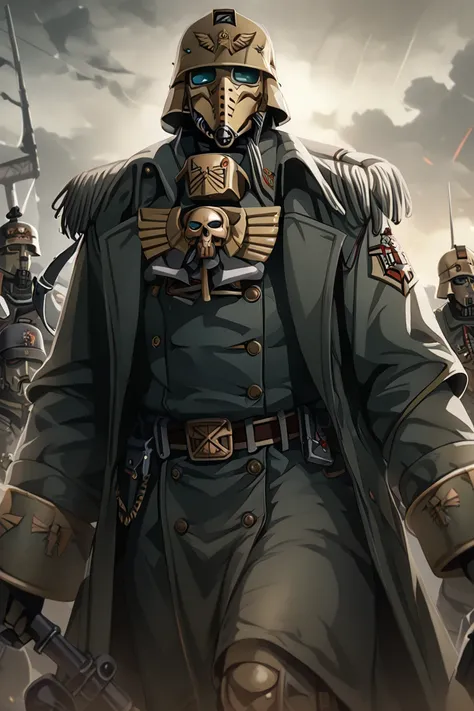 Death Korps of Krieg,   warhammer 40k , soldier , long trench coats, helmet, mask, The calm ,  cloudy weather , male soldier