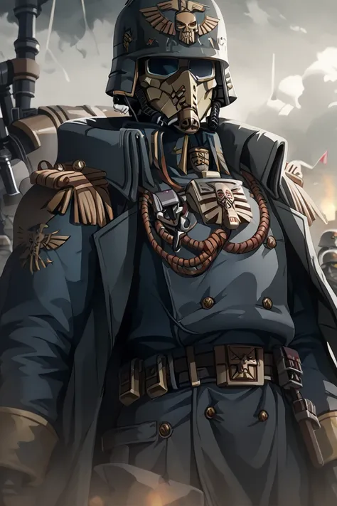 Death Korps of Krieg,   warhammer 40k , soldier , long trench coats, helmet, mask, The calm ,  cloudy weather , male soldier