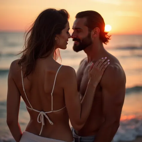  a beautiful woman with long hair and two handsome men with beards ,  the three of them the woman and the two men look at each other with great lust, her sensually shaped body , on top of a towel on the beach with the waves of the sea with orange and red l...