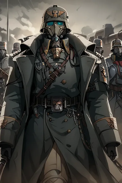 Death Korps of Krieg,   warhammer 40k , soldier , long trench coats, helmet, mask, The calm ,  cloudy weather , male soldier, gas mask