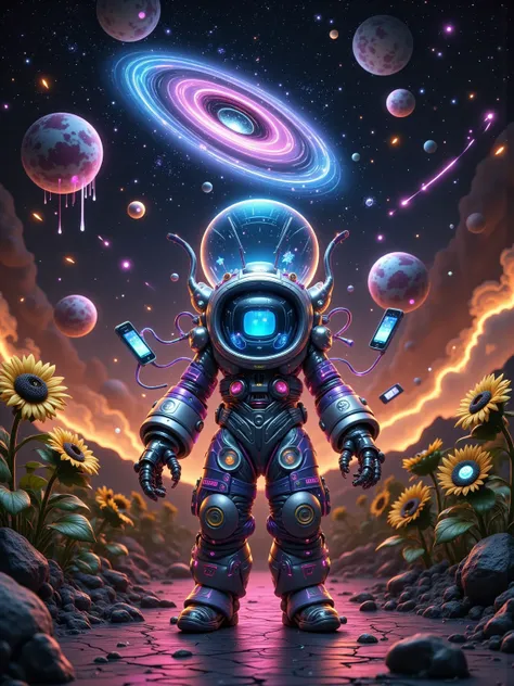 Envision a grotesquely surreal 3D claymation caricature, with contorted features and dramatically exaggerated proportions, rendered in rough, expressive 3D claymation. The scene features a distorted, bulbous astronaut with exaggeratedly stubby limbs and an...