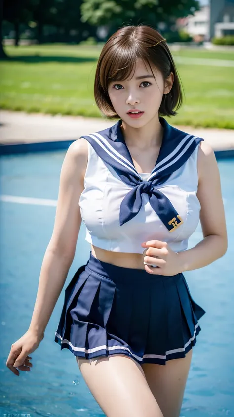 ((highest quality,High resolution,8k images,masterpiece:1.3))、Japanese high school girl、20-year-old、short hair、((big breasts:1.3))、((Bikini-style sailor suit))、((sleeveless sailor suit))、Expose belly、navy pleated skirt、school playground、blur the background...