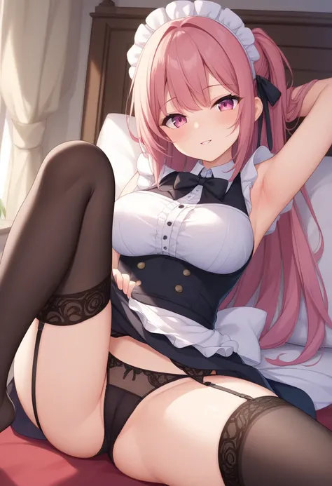  girl、 maid clothes、 sleeveless、armpit,no skirt, panties、 black garter belt、spread legs