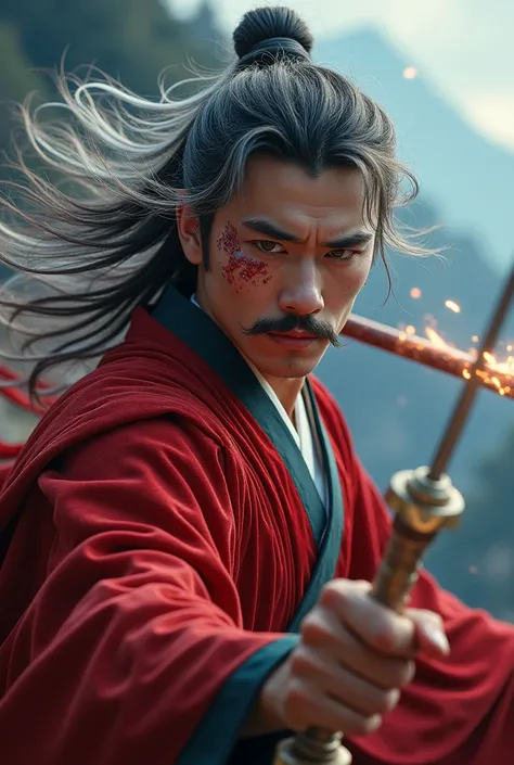 
highly detailed portrait of a young elegant man, asian eyes, white and black hair, white and black mustache, slightly flushed face, sweating, wearing red velvet robe, flying in motion with a dragon dagger, healed cut on cheek, 8k resolution, surreal backg...