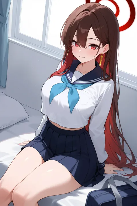 1 girl, Hair length reaches the back, Brown hair and red hair on the edges of the hair, red eyes, but not bright, curvy body, wear a sexy school uniform, หน้าอกไซส์ปานกลาง, have a gold earring, have a red halo