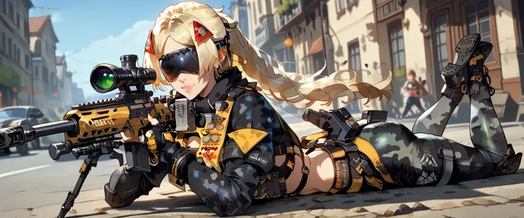 ultra-detailed, 1girl, TriggerZZZ, (best quality), ((masterpiece)), (highres), 16K, long hair, blonde hair, ponytail, hair ornament, hair clips, black blindfold, lips, parted bangs, camouflage jacket, black camouflage puffy sleeves, cuffs, fingerless black...