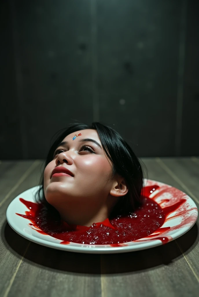    is placed with the head of a decapitated woman , [Asia,  Less Blood    , ((  eyes closed )),    A dish in a plate   , bloody,  actual , 4K, Nikon, fear