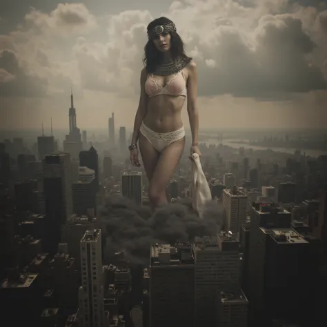   A towering Cleopatra in town with a raised bikini  ,  Watch the shrunken spectators  ,  Her tight and slender body .  Sie scheint durch die belebte Stadtlandschaft von New York City to schlendern,  to,  as towering buildings rise above them  .   smoke an...