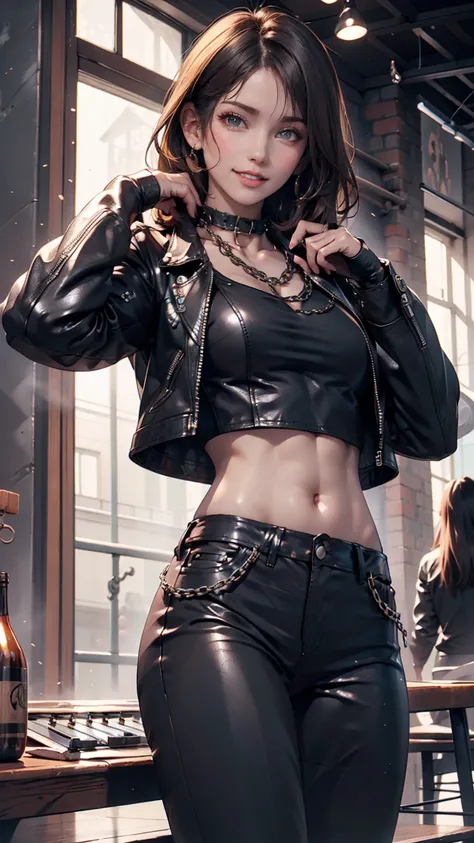  girl with chain collar 、Hard Rock、 midriff length leather jacket 、 tiny tee with rock band logo、 crop top with rock band logo 、 with a visible navel 、Leather pants 、 leather boots、smile、   